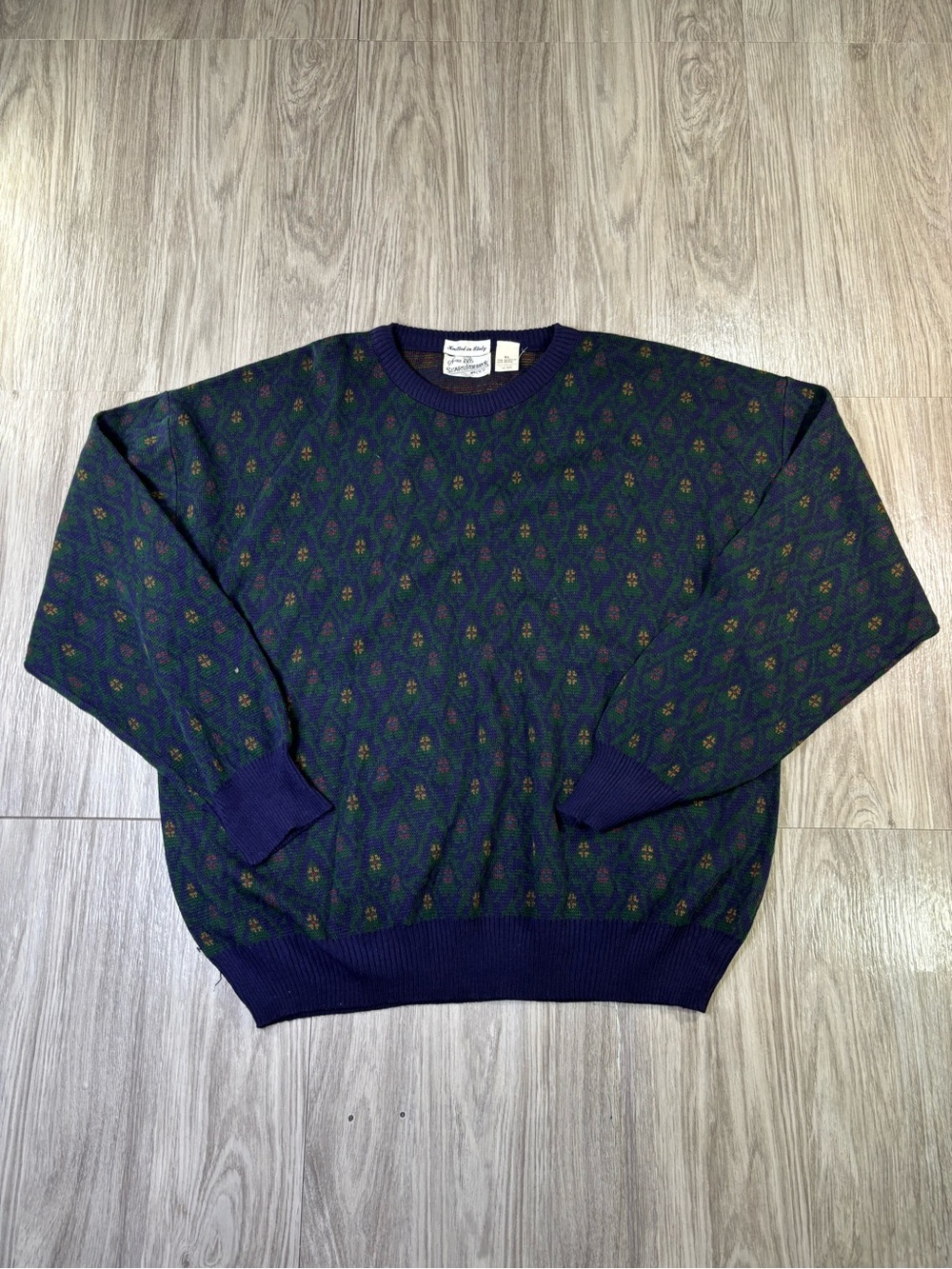 Vintage Sears Roebuck Sz XL Italy Knit Wool Blend Sweater Floral Pattern Retro